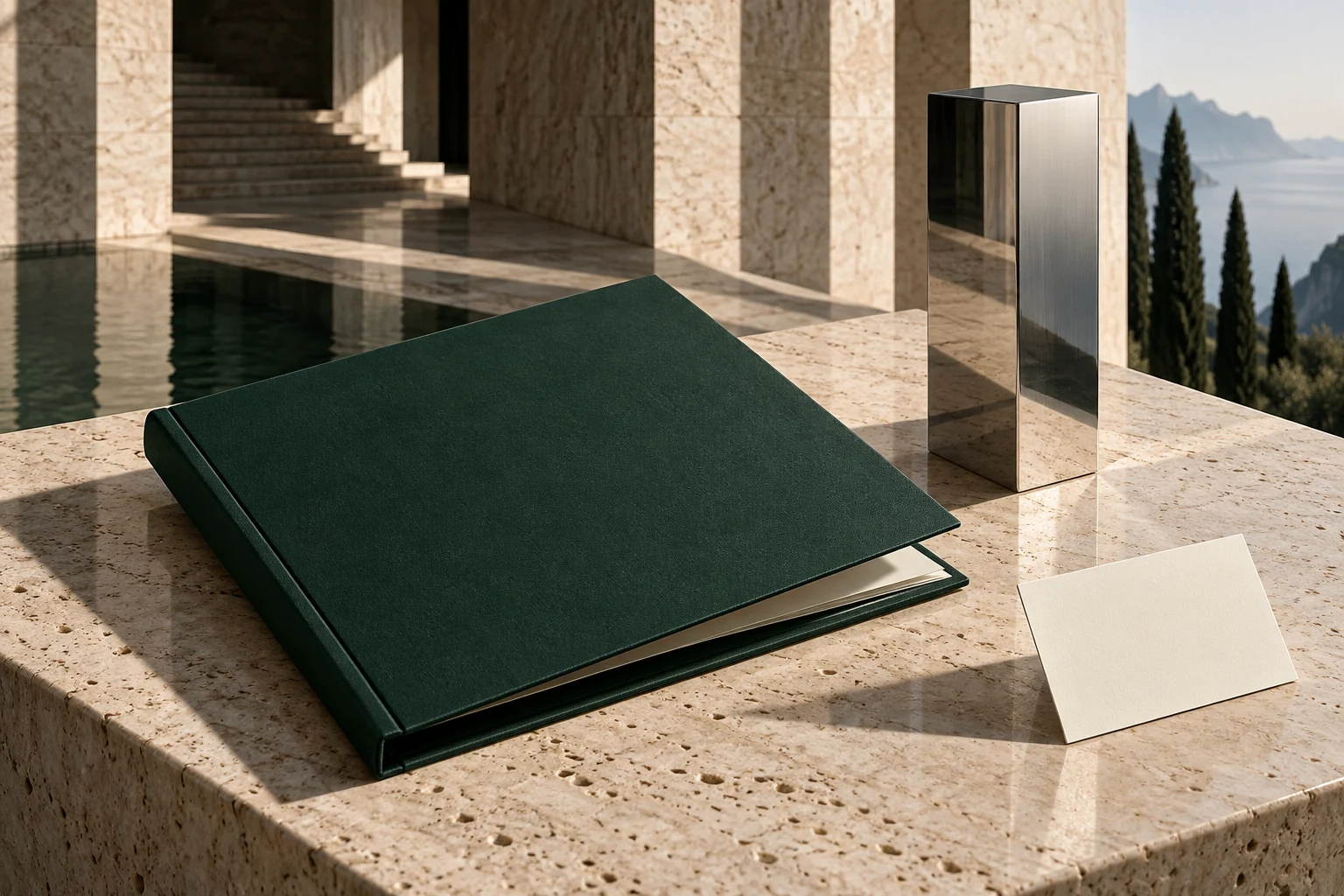Propuesta conceptual editorial de identidad corporativa en verde, piedra y metal